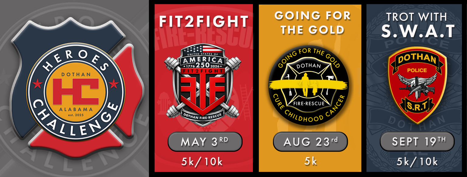 Heroes Challenge banner, Fit 2 Fight, Going for the Gold and trot with swat logos